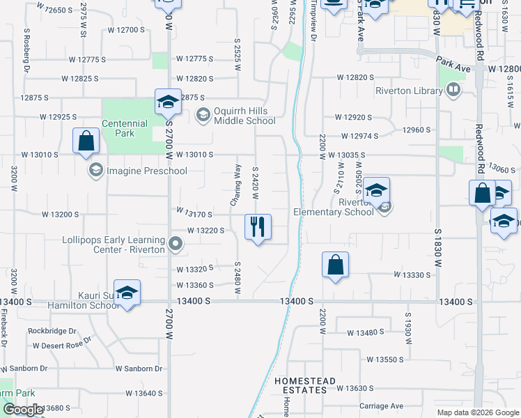 map of restaurants, bars, coffee shops, grocery stores, and more near 13156 South 2420 West in Riverton