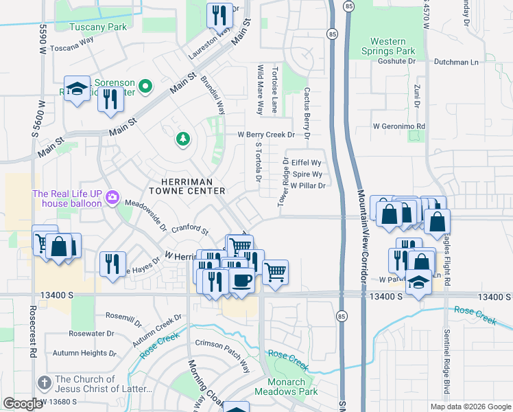 map of restaurants, bars, coffee shops, grocery stores, and more near 13228 Dominica Lane in Herriman