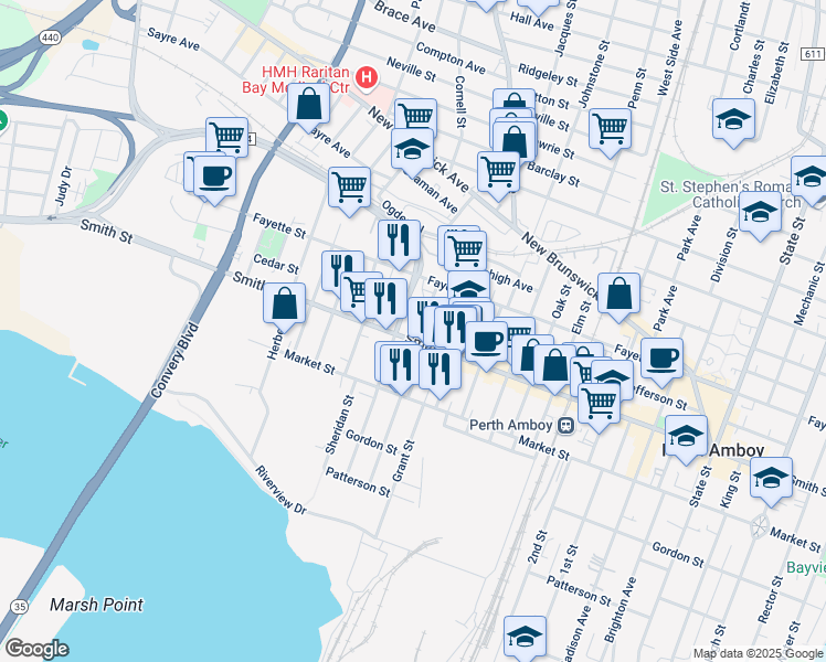 map of restaurants, bars, coffee shops, grocery stores, and more near 400 Smith Street in Perth Amboy