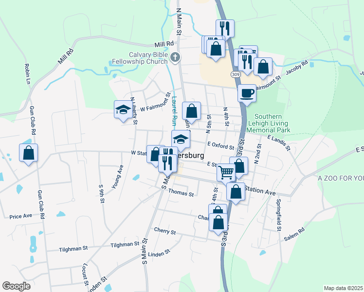 map of restaurants, bars, coffee shops, grocery stores, and more near in Coopersburg