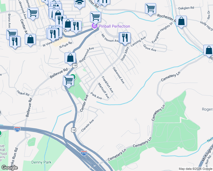 map of restaurants, bars, coffee shops, grocery stores, and more near 95 Frankfort Avenue in Pittsburgh