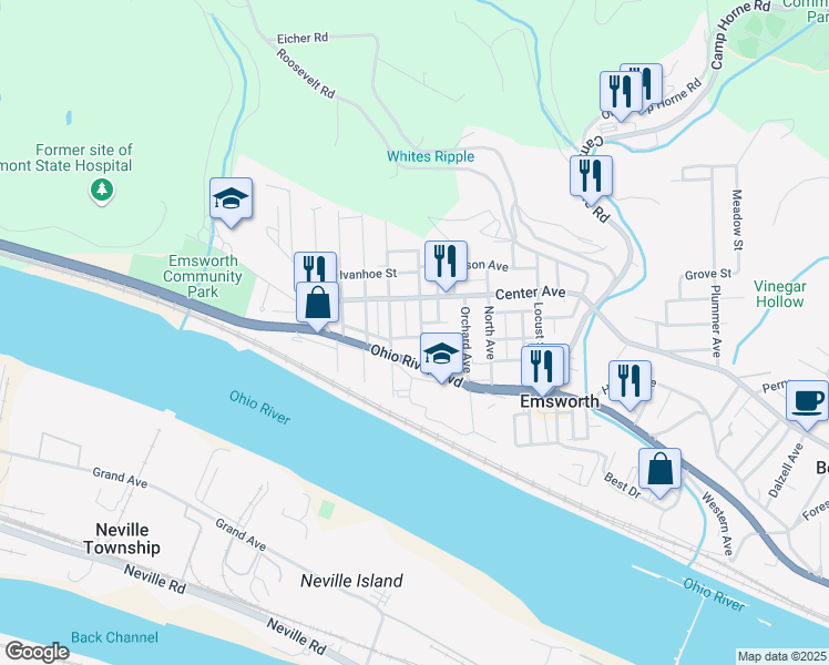map of restaurants, bars, coffee shops, grocery stores, and more near 175 Pennsylvania Avenue in Pittsburgh