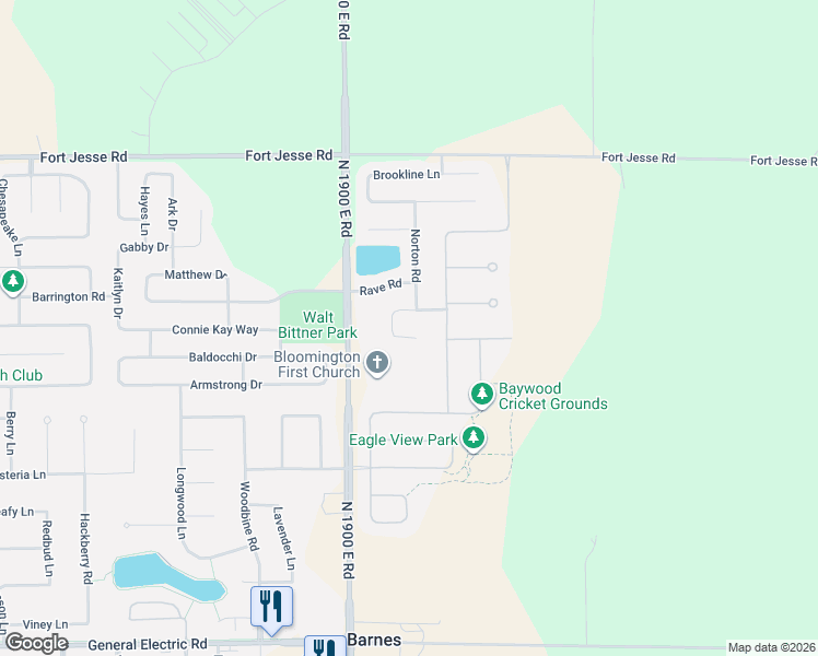 map of restaurants, bars, coffee shops, grocery stores, and more near 2205 Revere Road in Bloomington