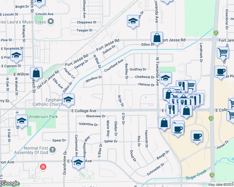 map of restaurants, bars, coffee shops, grocery stores, and more near 111 North Orr Drive in Normal