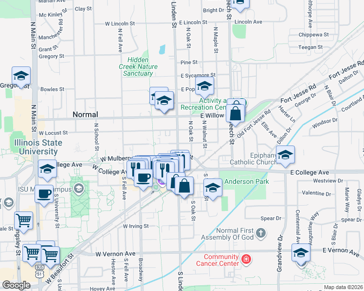 map of restaurants, bars, coffee shops, grocery stores, and more near 13 North Oak Street in Normal