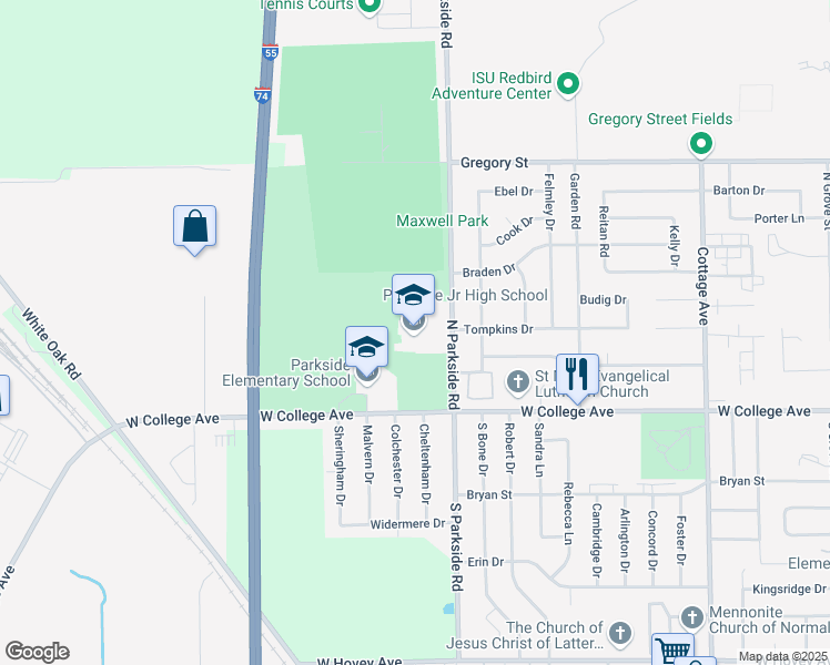 map of restaurants, bars, coffee shops, grocery stores, and more near 101 North Parkside Road in Normal