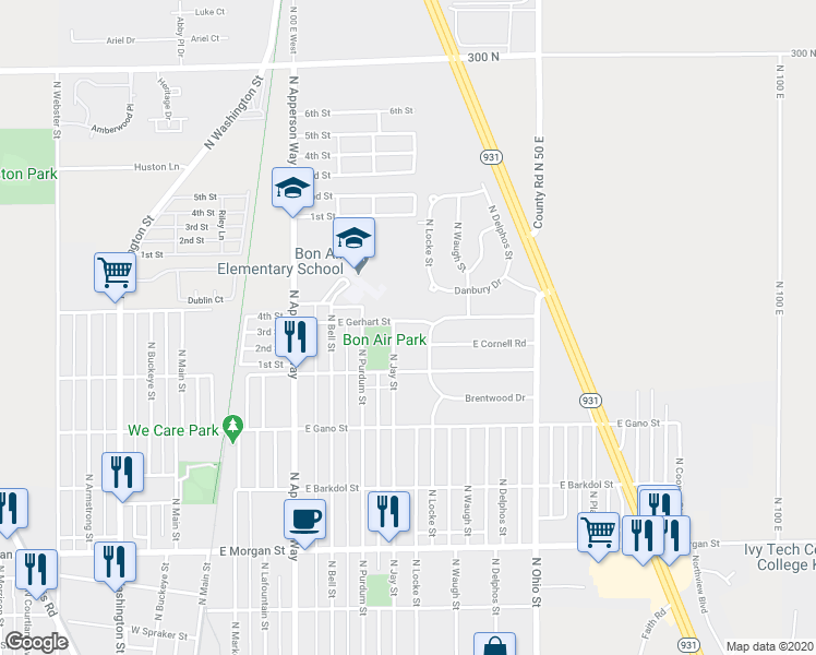 map of restaurants, bars, coffee shops, grocery stores, and more near 811 East Gerhart Street in Kokomo