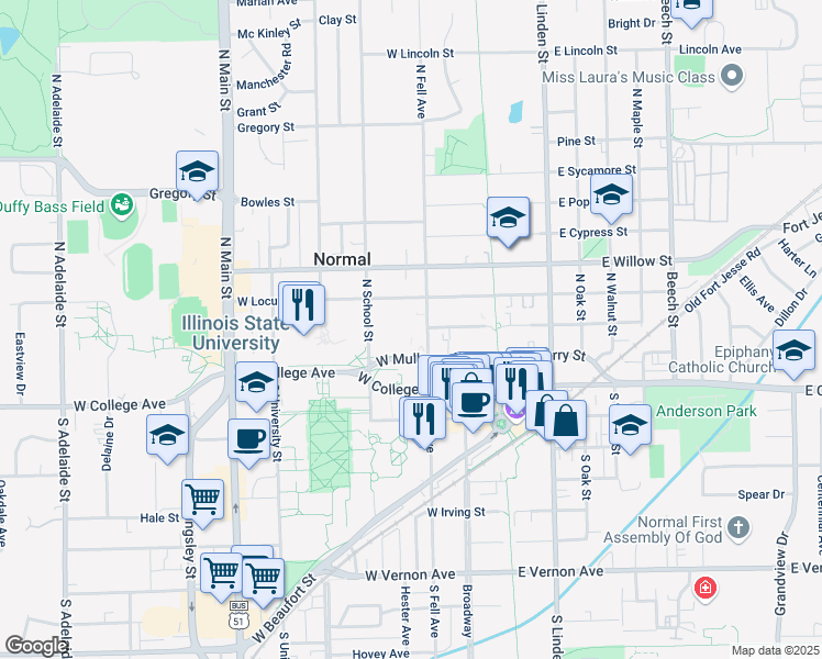 map of restaurants, bars, coffee shops, grocery stores, and more near 207 North Fell Avenue in Normal