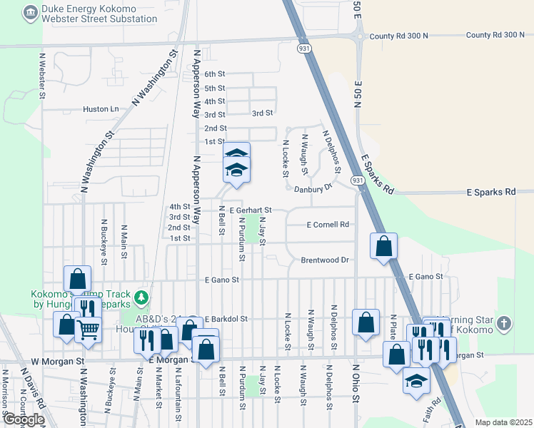 map of restaurants, bars, coffee shops, grocery stores, and more near 801 East Gerhart Street in Kokomo