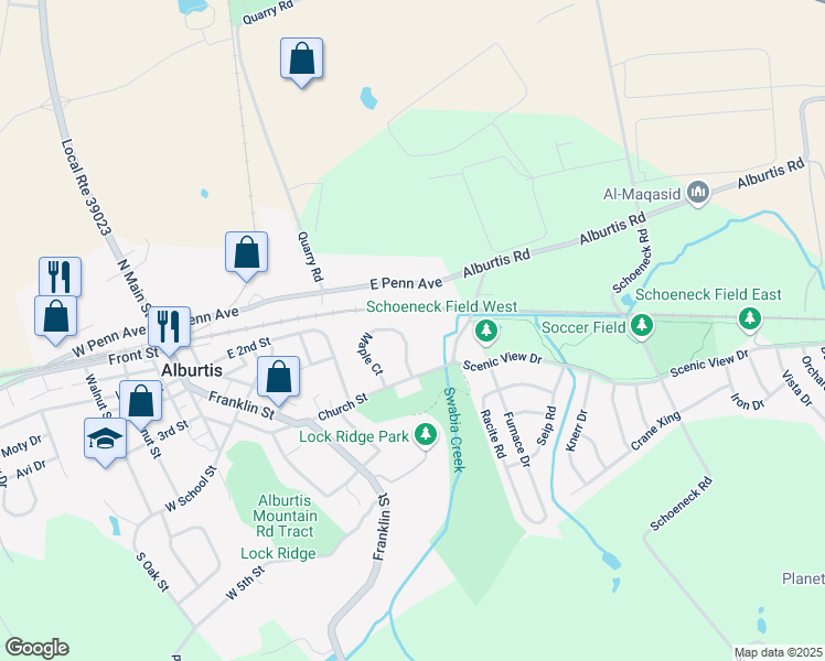 map of restaurants, bars, coffee shops, grocery stores, and more near 276 Maple Court in Alburtis