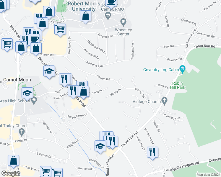 map of restaurants, bars, coffee shops, grocery stores, and more near 119 Snell Drive in Coraopolis
