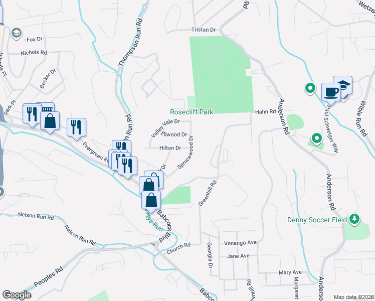 map of restaurants, bars, coffee shops, grocery stores, and more near 101 Hilton Drive in Pittsburgh