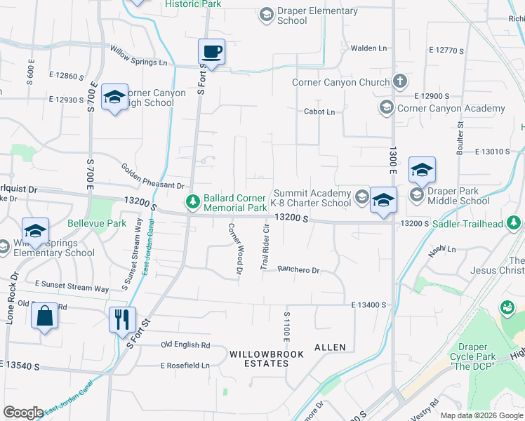 map of restaurants, bars, coffee shops, grocery stores, and more near 1053 13200 South in Draper