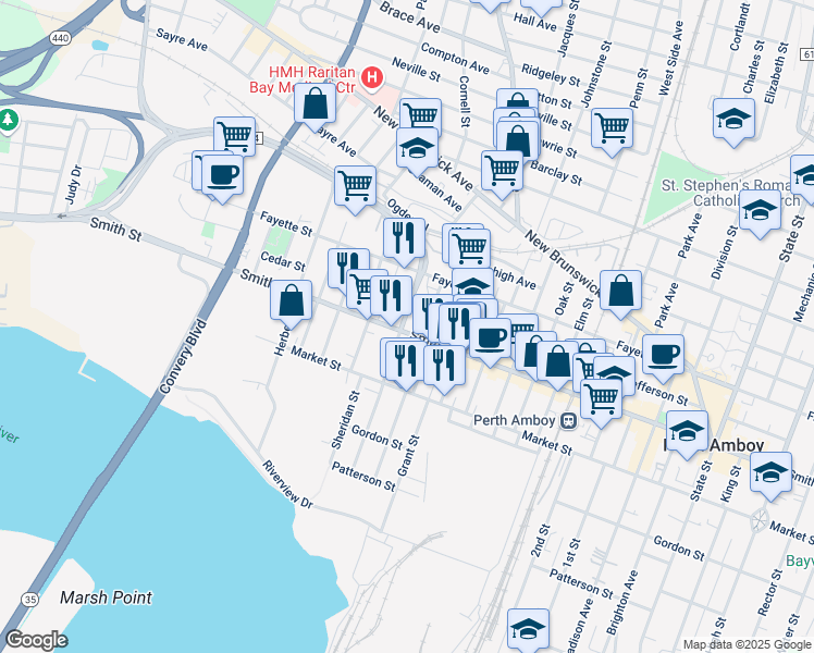 map of restaurants, bars, coffee shops, grocery stores, and more near 400 Smith Street in Perth Amboy