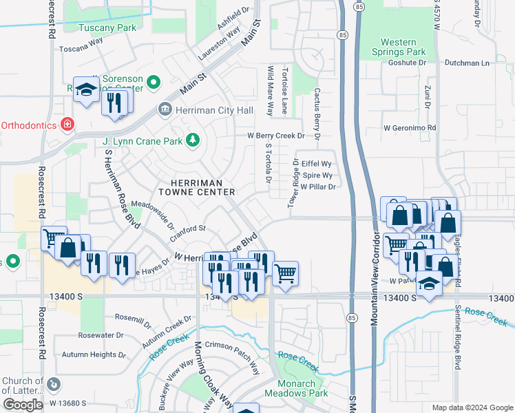 map of restaurants, bars, coffee shops, grocery stores, and more near 13222 Dominica Lane in Herriman