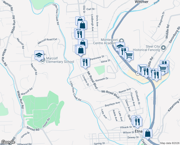 map of restaurants, bars, coffee shops, grocery stores, and more near 514 Mount Royal Boulevard in Pittsburgh