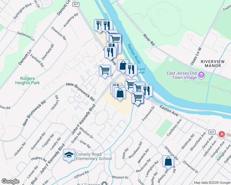 map of restaurants, bars, coffee shops, grocery stores, and more near 970 Easton Avenue in Franklin Township