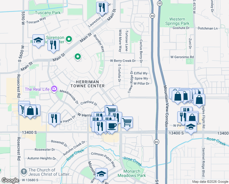 map of restaurants, bars, coffee shops, grocery stores, and more near 13222 Dominica Lane in Herriman