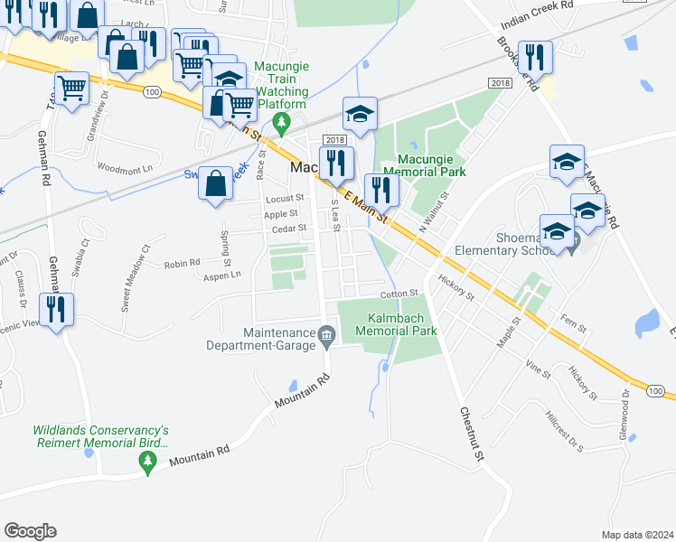 map of restaurants, bars, coffee shops, grocery stores, and more near 121 South Church Street in Macungie