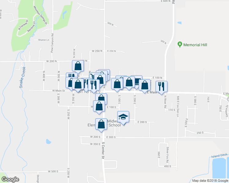 map of restaurants, bars, coffee shops, grocery stores, and more near 71 East Main Street in Midway