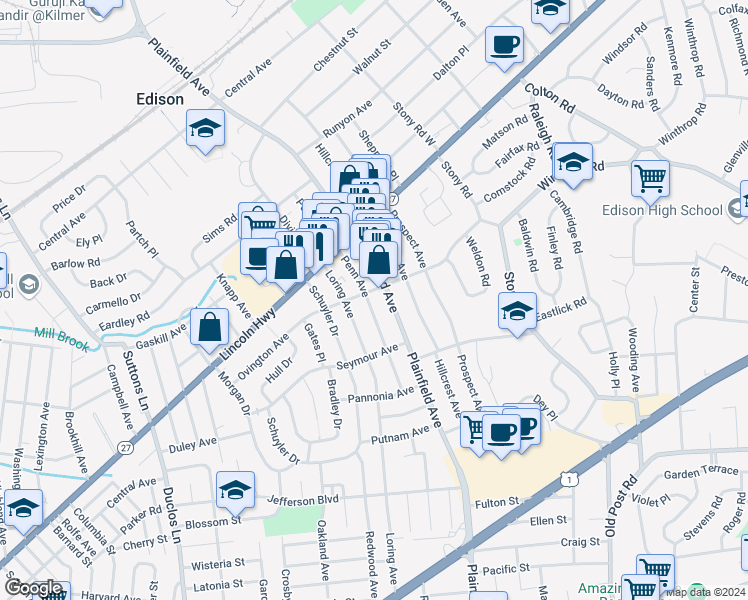 map of restaurants, bars, coffee shops, grocery stores, and more near 223 Penn Avenue in Edison