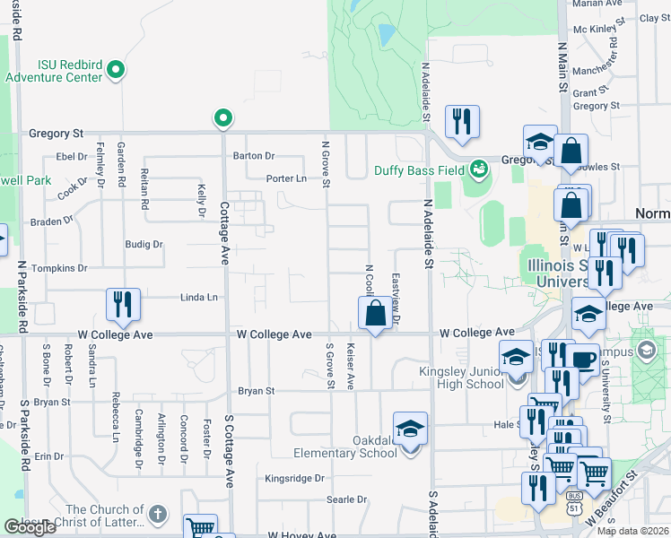 map of restaurants, bars, coffee shops, grocery stores, and more near 909 Green Avenue in Normal