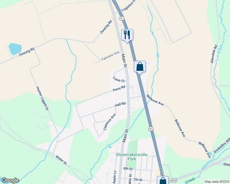 map of restaurants, bars, coffee shops, grocery stores, and more near 60 Perry Road in Shoemakersville