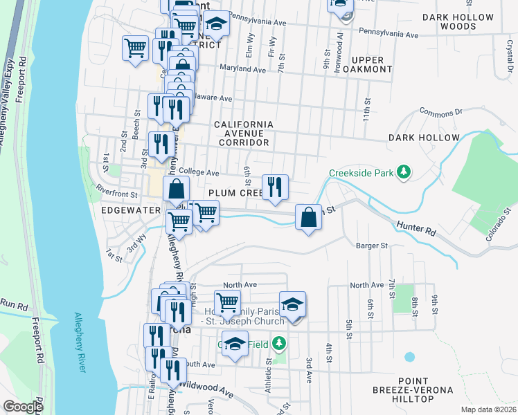 map of restaurants, bars, coffee shops, grocery stores, and more near 627 Plum Street in Oakmont