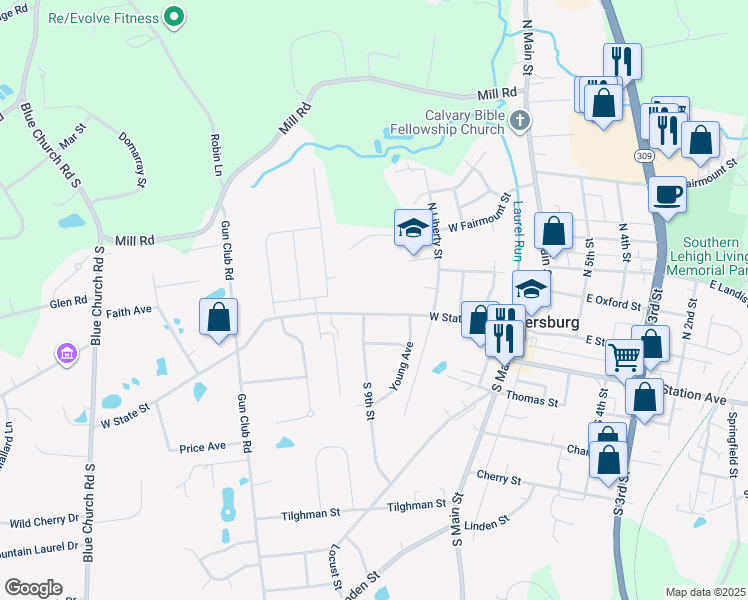 map of restaurants, bars, coffee shops, grocery stores, and more near 935 W State St in Coopersburg