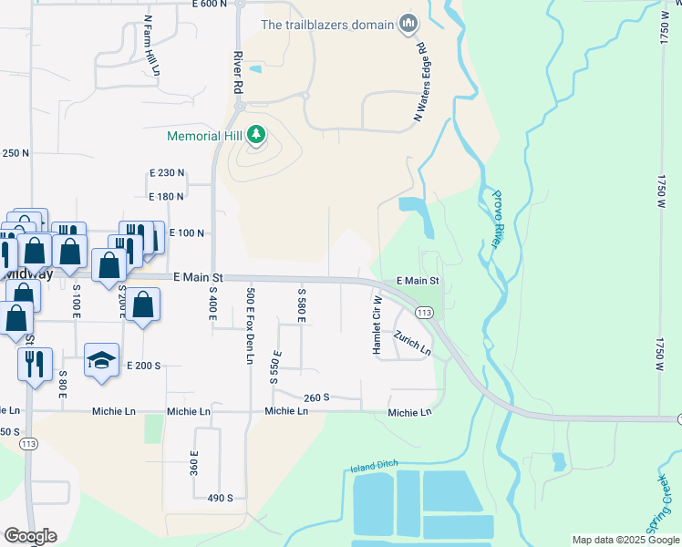 map of restaurants, bars, coffee shops, grocery stores, and more near 695 East Main Street in Midway