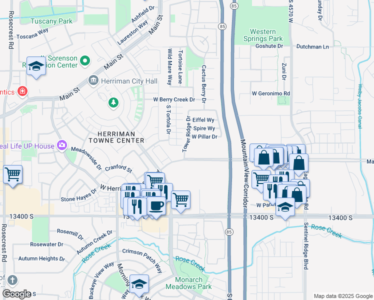 map of restaurants, bars, coffee shops, grocery stores, and more near 13164 Tower Ridge Drive in Riverton