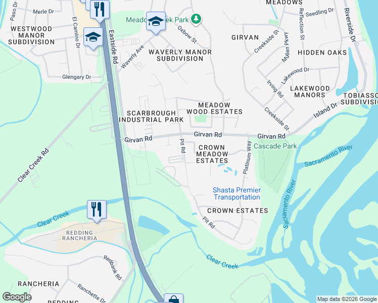 map of restaurants, bars, coffee shops, grocery stores, and more near 7186 Daybreak Court in Redding