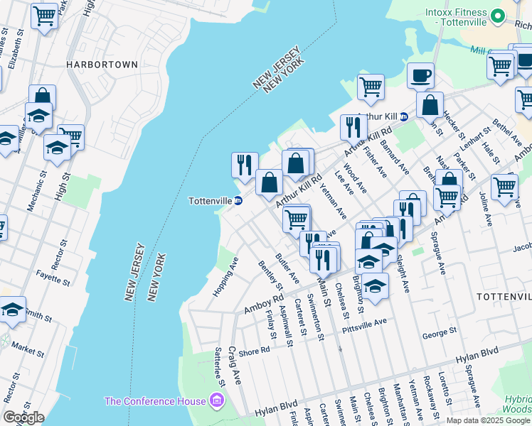 map of restaurants, bars, coffee shops, grocery stores, and more near 108 Main Street in Staten Island