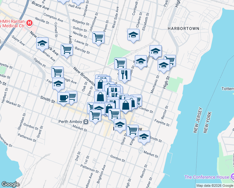 map of restaurants, bars, coffee shops, grocery stores, and more near 375 New Street in Perth Amboy