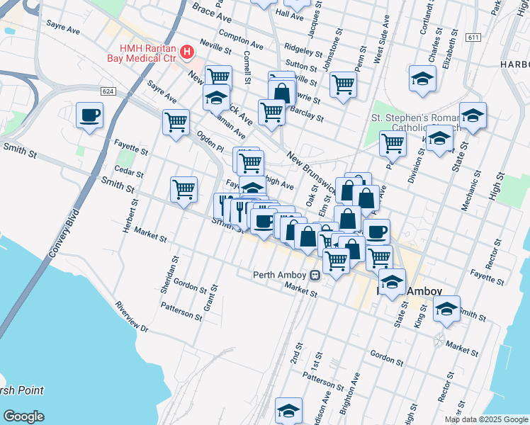 map of restaurants, bars, coffee shops, grocery stores, and more near 321 Watson Avenue in Perth Amboy