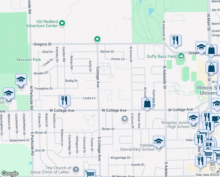 map of restaurants, bars, coffee shops, grocery stores, and more near 1513 Woods Avenue in Normal