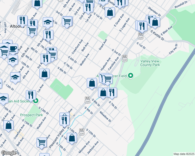 map of restaurants, bars, coffee shops, grocery stores, and more near 701-03 South 6th Street in Altoona
