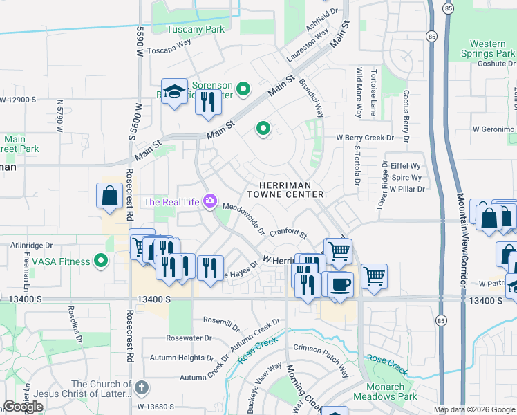 map of restaurants, bars, coffee shops, grocery stores, and more near 5287 Weatherford Lane in Herriman