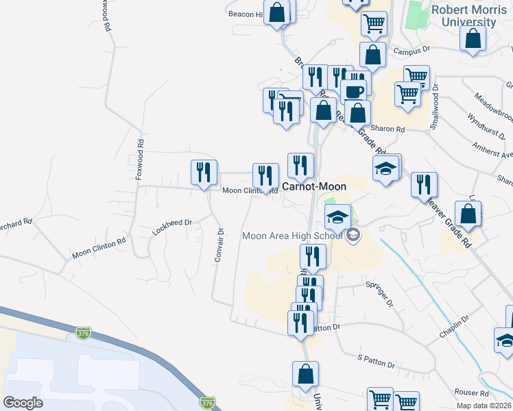 map of restaurants, bars, coffee shops, grocery stores, and more near 198 Rosemont Drive in Carnot-Moon