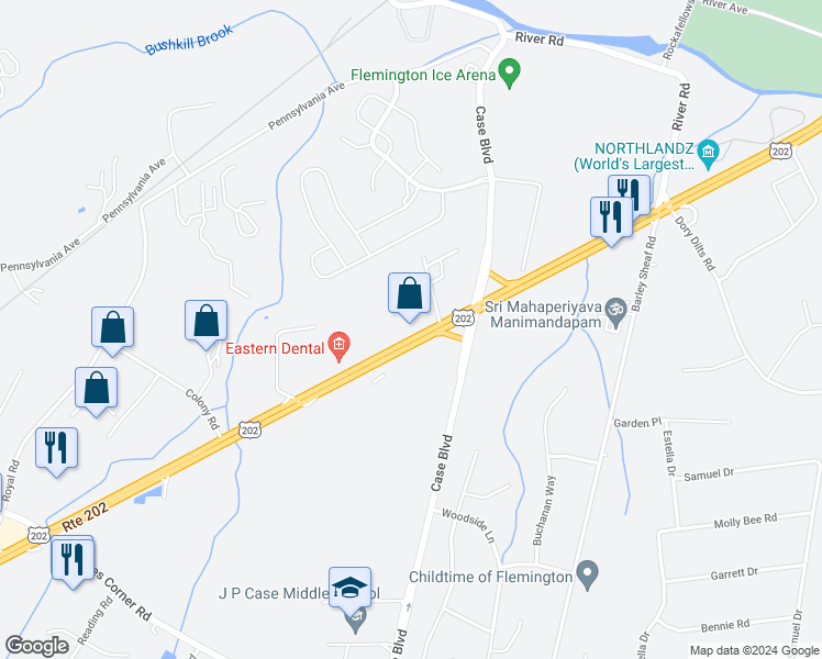 map of restaurants, bars, coffee shops, grocery stores, and more near 445 U.S. 202 in Flemington