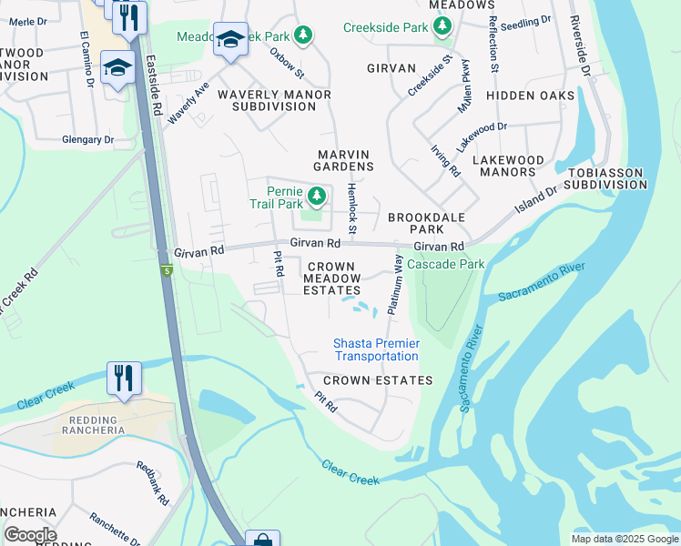 map of restaurants, bars, coffee shops, grocery stores, and more near in Redding