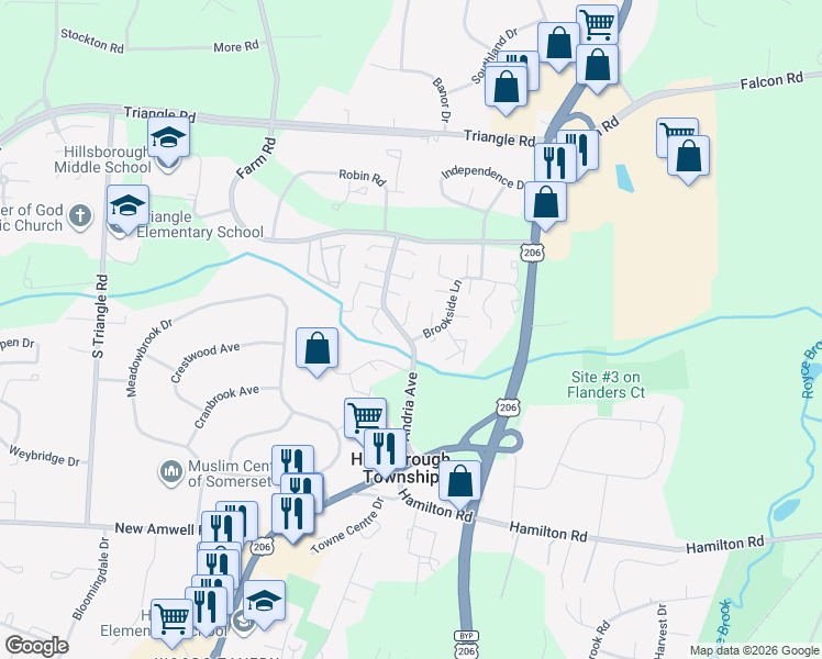 map of restaurants, bars, coffee shops, grocery stores, and more near 93 Brookside Lane in Somerset County