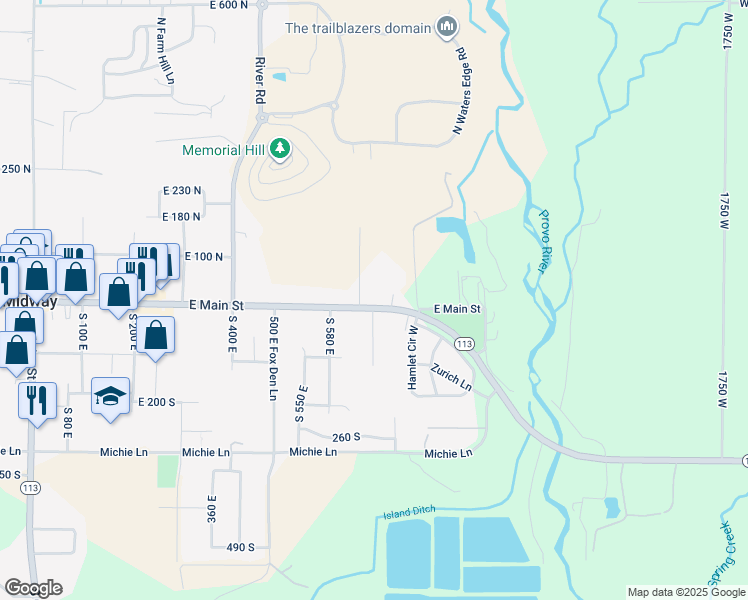 map of restaurants, bars, coffee shops, grocery stores, and more near 695 East Main Street in Midway
