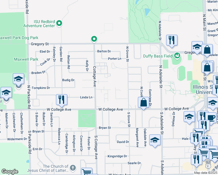 map of restaurants, bars, coffee shops, grocery stores, and more near 1513 Woods Avenue in Normal