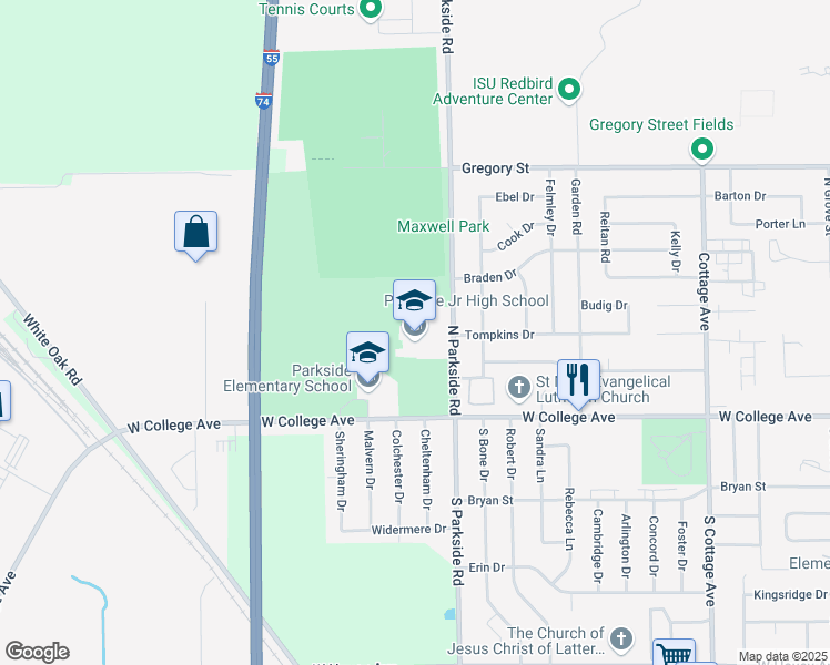 map of restaurants, bars, coffee shops, grocery stores, and more near 101 North Parkside Road in Normal