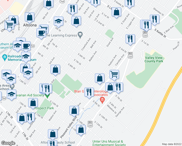 map of restaurants, bars, coffee shops, grocery stores, and more near 703 Grant Ave in Altoona