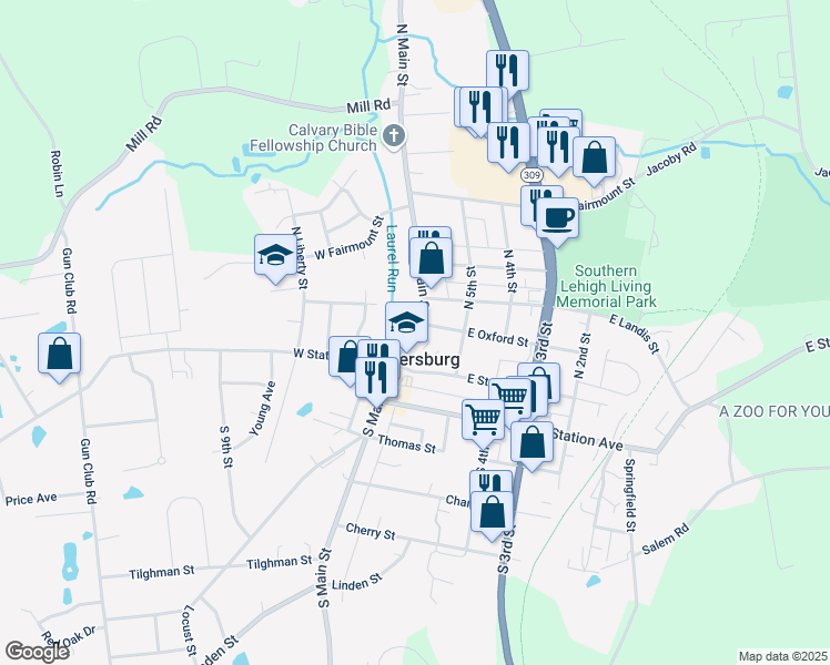 map of restaurants, bars, coffee shops, grocery stores, and more near 38 North Main Street in Coopersburg