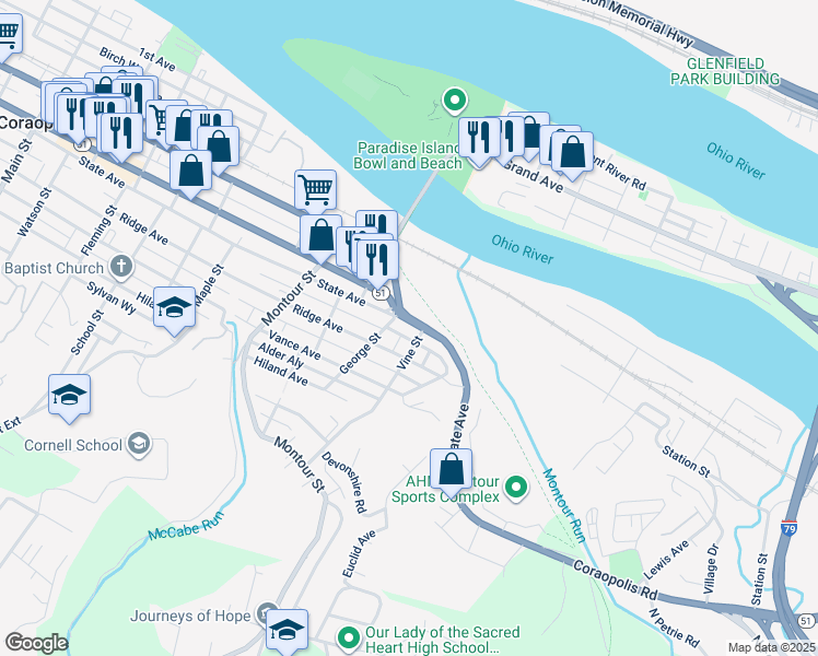 map of restaurants, bars, coffee shops, grocery stores, and more near 1712 State Avenue in Coraopolis