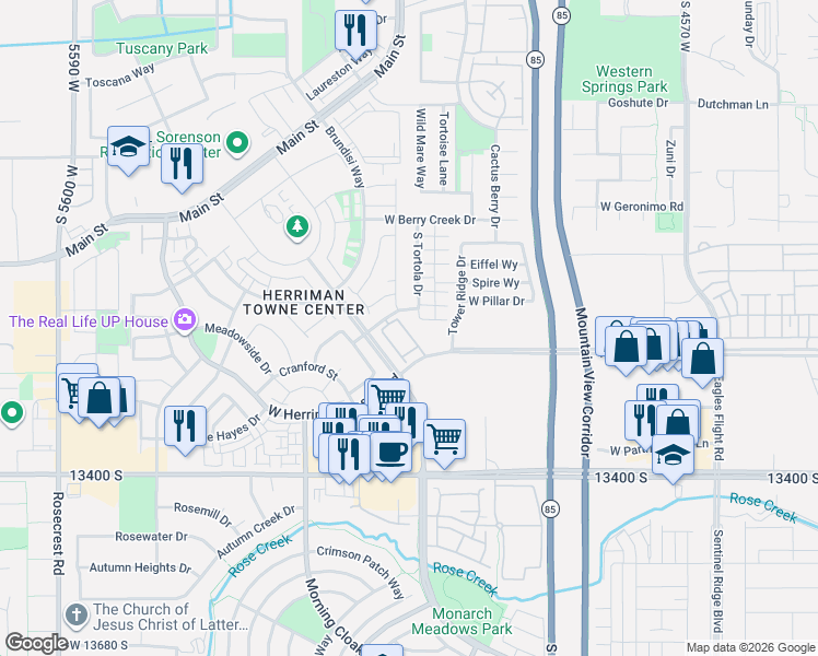 map of restaurants, bars, coffee shops, grocery stores, and more near 13228 Dominica Lane in Herriman