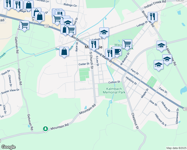map of restaurants, bars, coffee shops, grocery stores, and more near 119 South Church Street in Macungie
